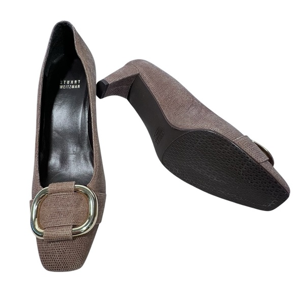 STUART WEITZMAN The Tube Textured Brown Napa Gold Buckle Square Toe Pumps Sz 7.5 - Picture 14 of 16